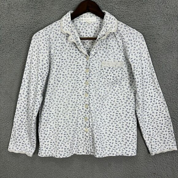 Eileen West Pajama Top Womens Small White‎ Blue Floral Button Up Lace Trim Cozy - Picture 1 of 7